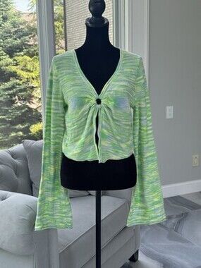 American Eagle Women's Bell Sleeve Knit Crop Top Green Blue Coquette NWT MEDIUM